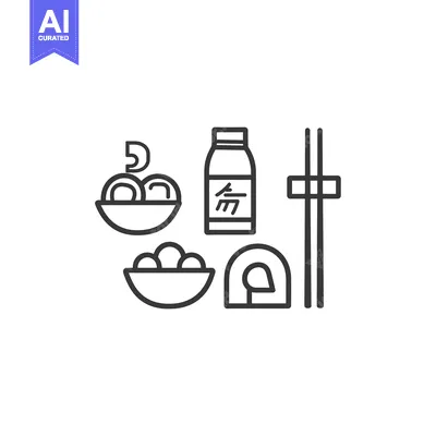 Premium design asset: Line art illustration of a Japanese meal set