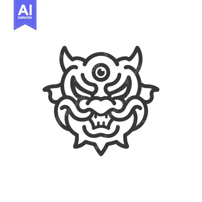 Premium design asset: Line Art Illustration of a Japanese Oni Mask with a Third Eye