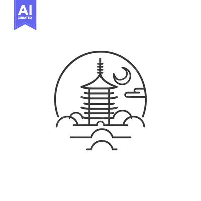 Aset desain premium: Line Art Illustration of a Japanese Pagoda with a Crescent Moon