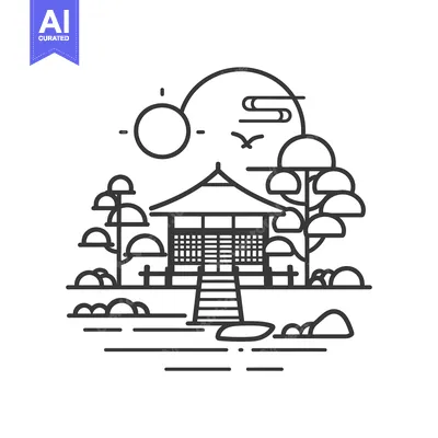 Popular premium asset: Line Art Illustration of a Japanese Pavilion with a Sun, Birds, and Tr