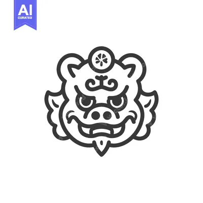 Aset desain premium: Line Art Illustration of a Japanese Shisa Lion Dog