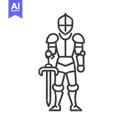Aset desain premium: Line Art Illustration of a Knight in Full Armor Holding a Sword