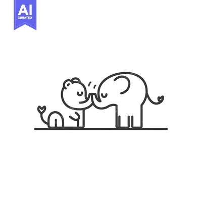 Aset premium populer: Line art illustration of a lion and elephant touching noses