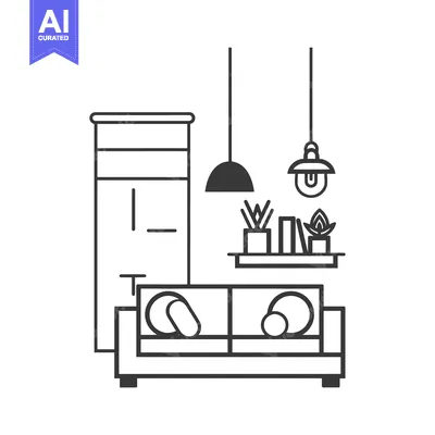 Aset desain premium: Line Art Illustration of a Living Room Interior with a Couch, Plants,