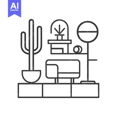 Aset desain premium: Line Art Illustration of a Living Room with a Cactus, Sofa, and Cat To