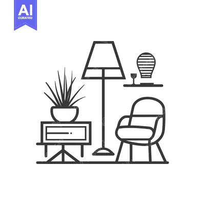 Aset premium populer: Line Art Illustration of a Living Room with a Chair, Floor Lamp, and S