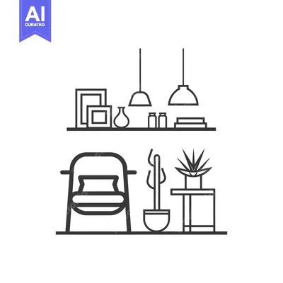 Line Art Illustration of a Living Room with a Chair, Plant, and Shelf