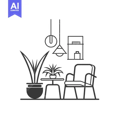 Aset desain premium: Line Art Illustration of a Living Room with a Chair, Plants, a Table,