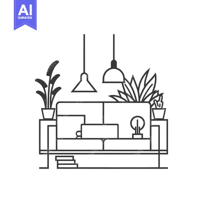 Aset desain premium: Line art illustration of a living room with a couch, plants, and lamps