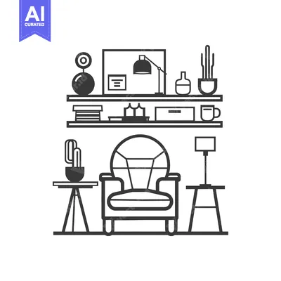 Aset premium populer: Line Art Illustration of a Living Room with an Armchair and Shelves