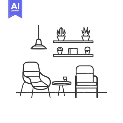 Line Art Illustration of a Living Room with Two Chairs, a Coffee Table
