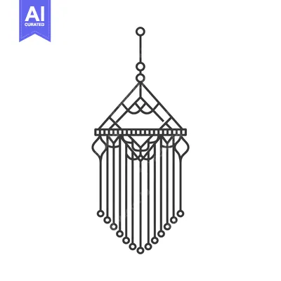 Line art illustration of a macrame hanging with fringe and beads