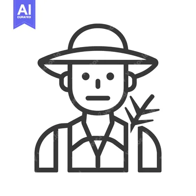 Premium design asset: Line Art Illustration of a Male Farmer with a Hat and Holding a Branch