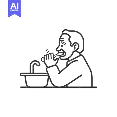 Popular premium asset: Line art illustration of a man brushing his teeth in front of a sink