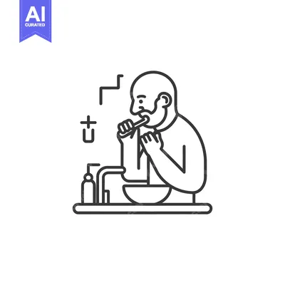 Aset desain premium: Line art illustration of a man brushing his teeth in the bathroom