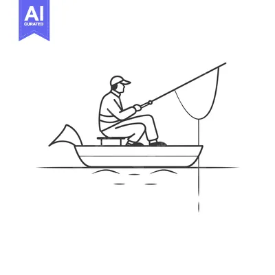 Aset desain premium: Line Art Illustration of a Man Fishing from a Boat