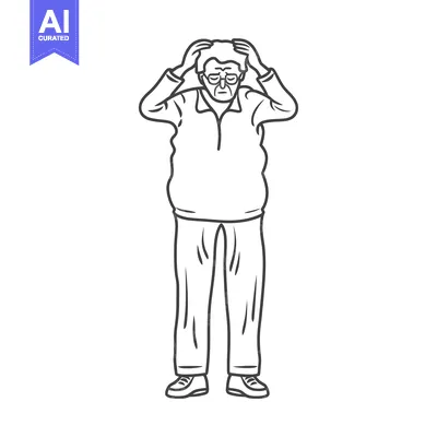 Aset desain premium: Line Art Illustration of a Man Holding His Head in Frustration