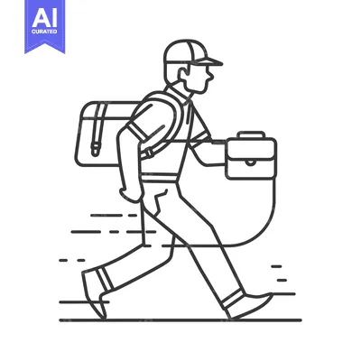 Premium design asset: Line art illustration of a man in a cap carrying a briefcase and backp