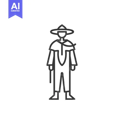 Aset desain premium: Line Art Illustration of a Man in a Hat and Cape