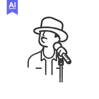 Aset premium populer: Line Art Illustration of a Man in a Hat Singing into a Microphone