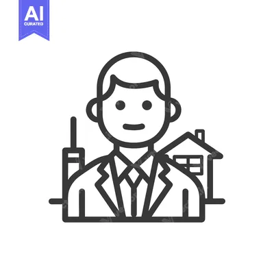 Premium design asset: Line art illustration of a man in a suit with a house and a building i