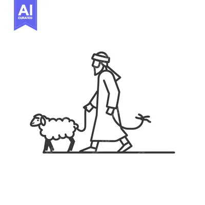 Line Art Illustration of a Man Walking a Sheep