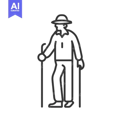 Aset premium populer: Line art illustration of a man wearing a hat and holding a walking sti