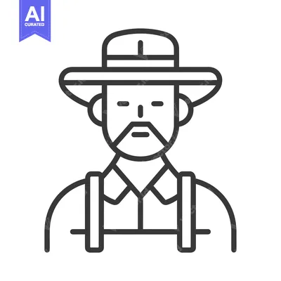Line art illustration of a man wearing a hat and overalls