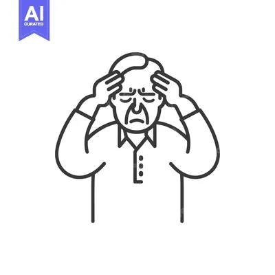 Aset desain premium: Line art illustration of a man with a headache, holding his head