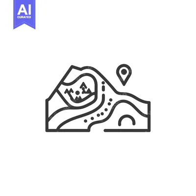 Aset premium populer: Line Art Illustration of a Map with Mountains, a Road, and a Pin