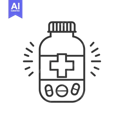 Aset desain premium: Line Art Illustration of a Medicine Bottle with Pills
