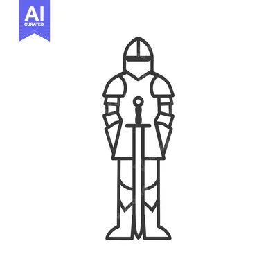 Aset desain premium: Line Art Illustration of a Medieval Knight in Full Armor Holding a Swo