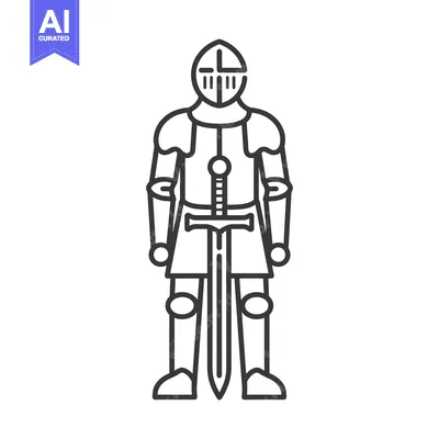 Aset desain premium: Line Art Illustration of a Medieval Knight in Full Armor Holding a Swo