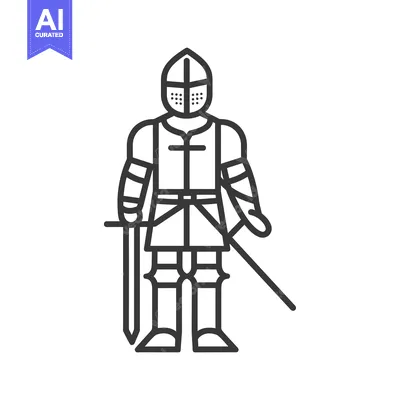 Aset desain premium: Line Art Illustration of a Medieval Knight in Full Armor Holding a Swo