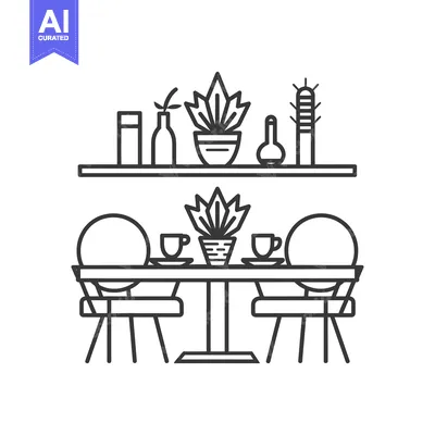 Aset desain premium: Line Art Illustration of a Minimalist Dining Table Setting with Plants