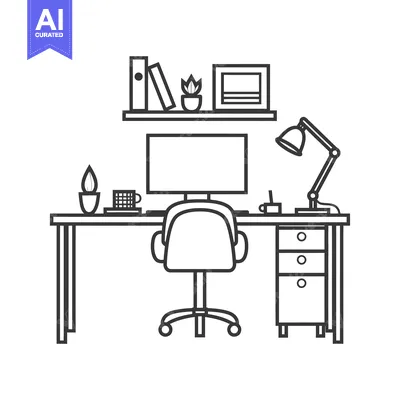 Aset desain premium: Line art illustration of a modern office desk setup