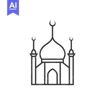 Aset desain premium: Line art illustration of a mosque with a crescent moon
