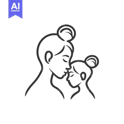Aset premium populer: Line art illustration of a mother and daughter kissing