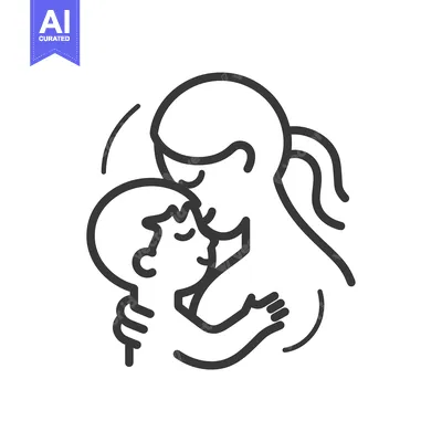 Aset desain premium: Line art illustration of a mother kissing her child