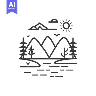Aset premium populer: Line Art Illustration of a Mountain Landscape with a River and Sun