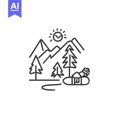 Aset premium populer: Line Art Illustration of a Mountain Landscape with a Sun and a House
