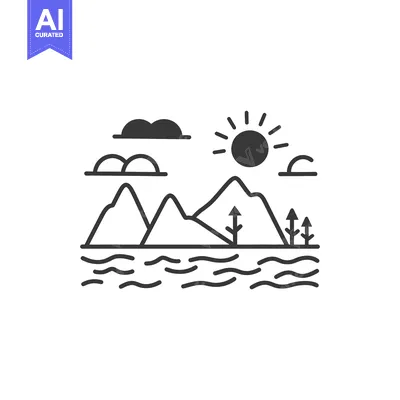 Premium design asset: Line art illustration of a mountain landscape with a sun, clouds, and