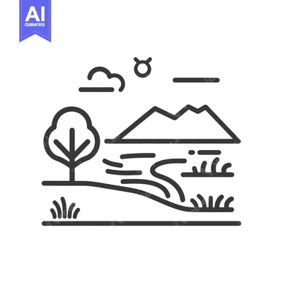 Aset premium populer: Line Art Illustration of a Mountain Landscape with a Tree, River, and