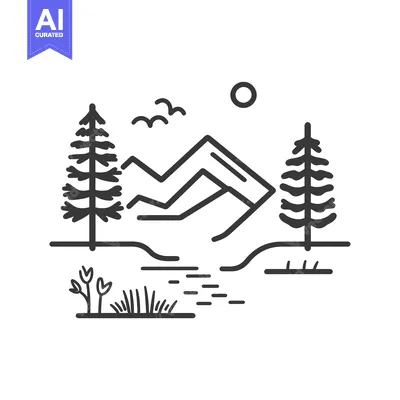 Aset desain premium: Line Art Illustration of a Mountain Landscape with Trees, Birds, and a