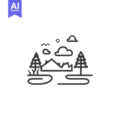 Aset premium populer: Line Art Illustration of a Mountain Landscape with Trees, Clouds, and