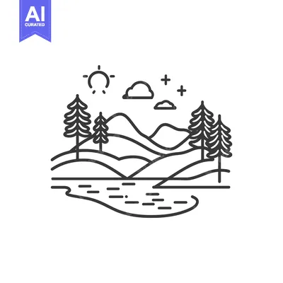 Aset premium populer: Line Art Illustration of a Mountain Landscape with Trees, Sun, Clouds,