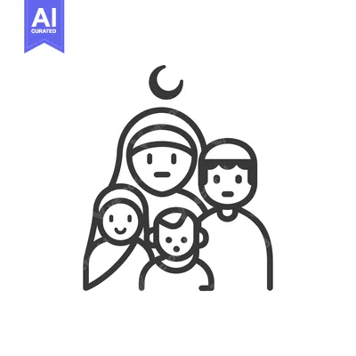 Aset premium populer: Line Art Illustration of a Muslim Family with a Crescent Moon