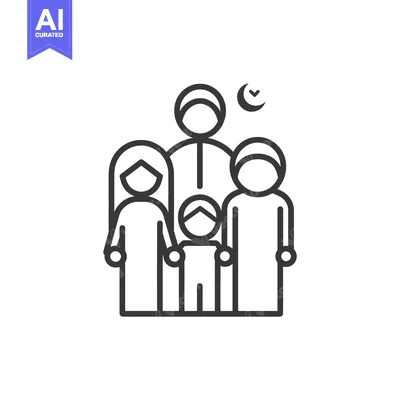 Aset premium populer: Line Art Illustration of a Muslim Family with Crescent Moon