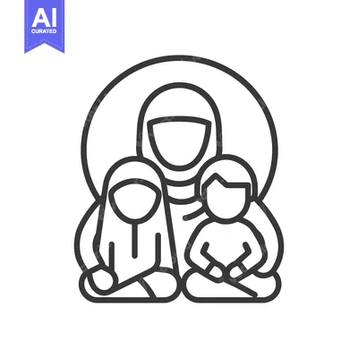 Download Line Art Illustration of a Muslim Mother and Two Children Vector Graphic