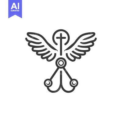 Aset desain premium: Line art illustration of an angel with wings, a cross, and three circl